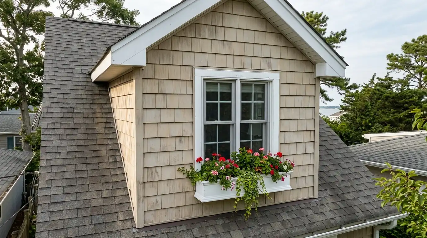 Polymer shake tiles on a cottage dormer near the bay