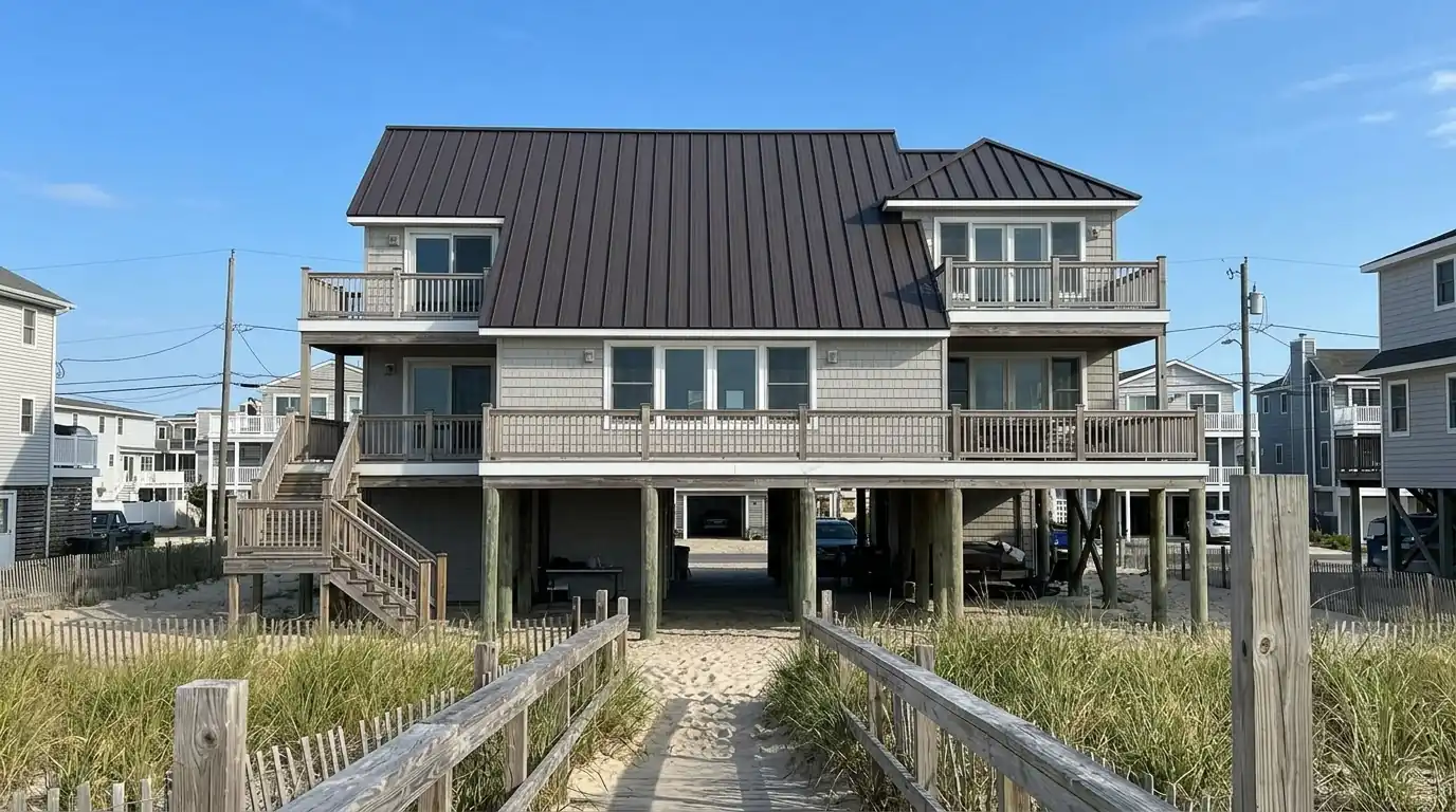 Bronze standing seam metal roof on a raised Ortley Beach house