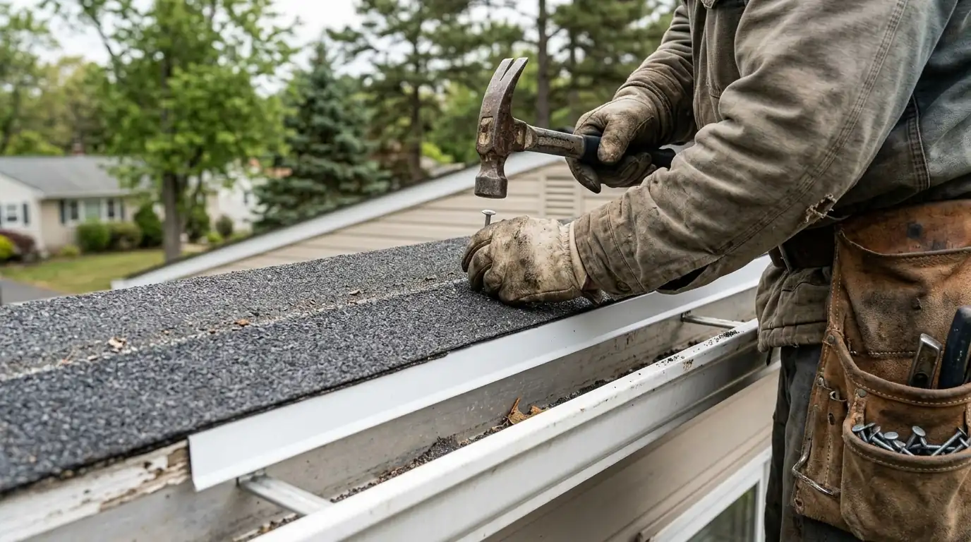 Roofer nailing a starter strip along new drip edge