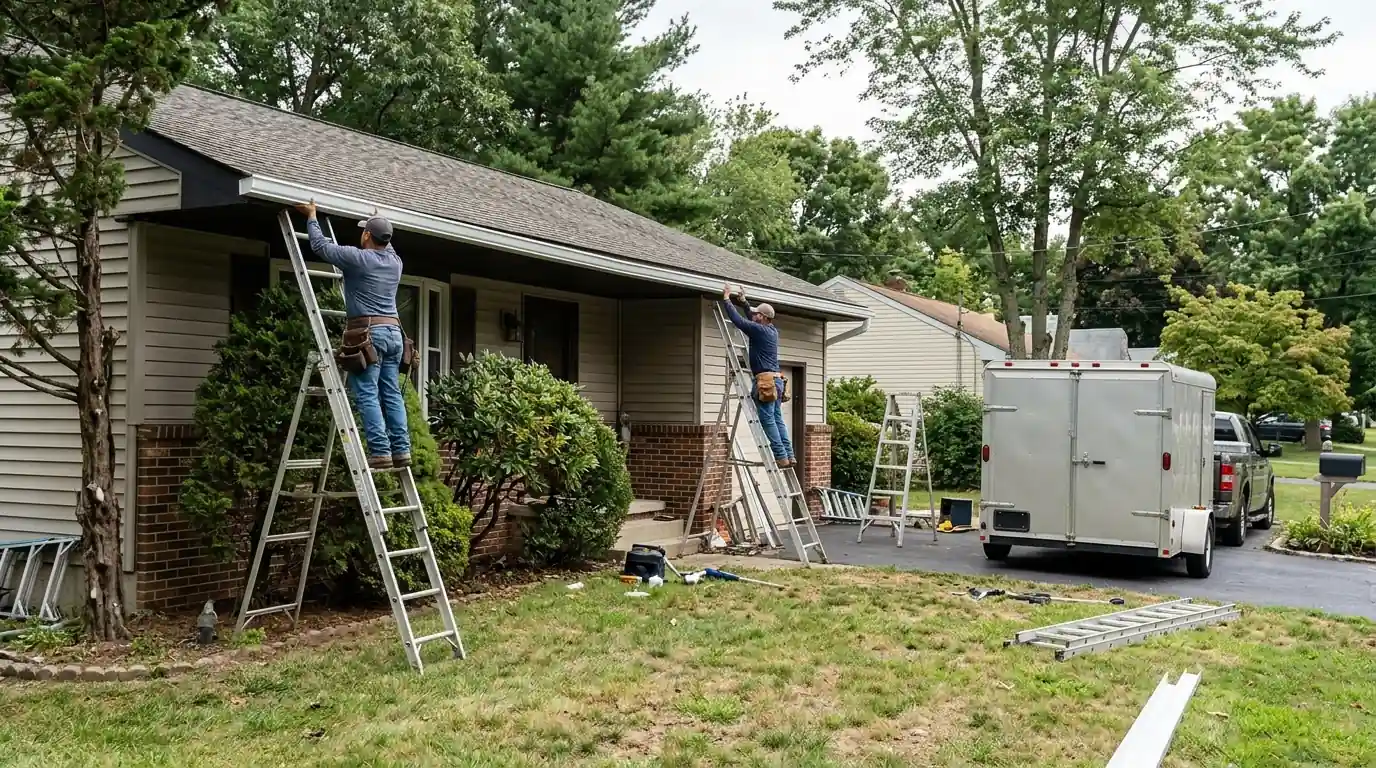 Workers hanging a new seamless gutter on a ranch home