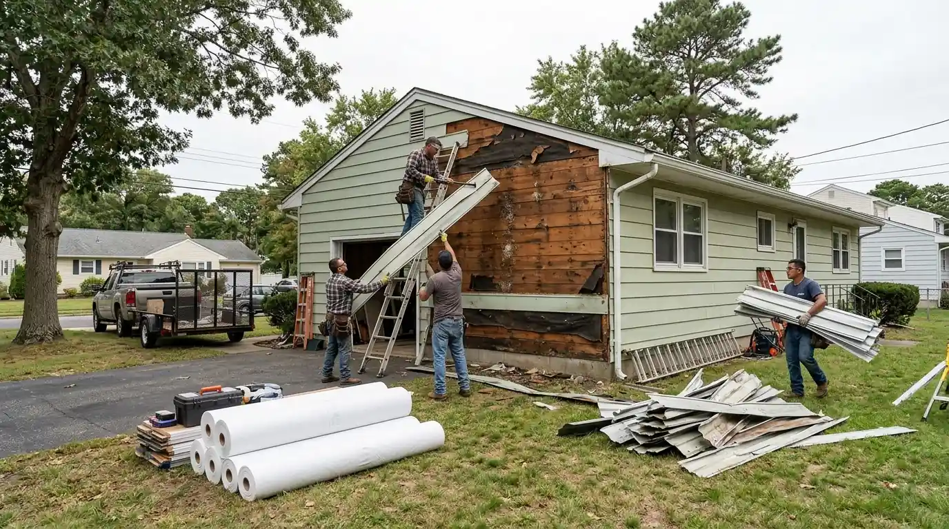 Old aluminum siding being torn off a ranch home to the sheathing
