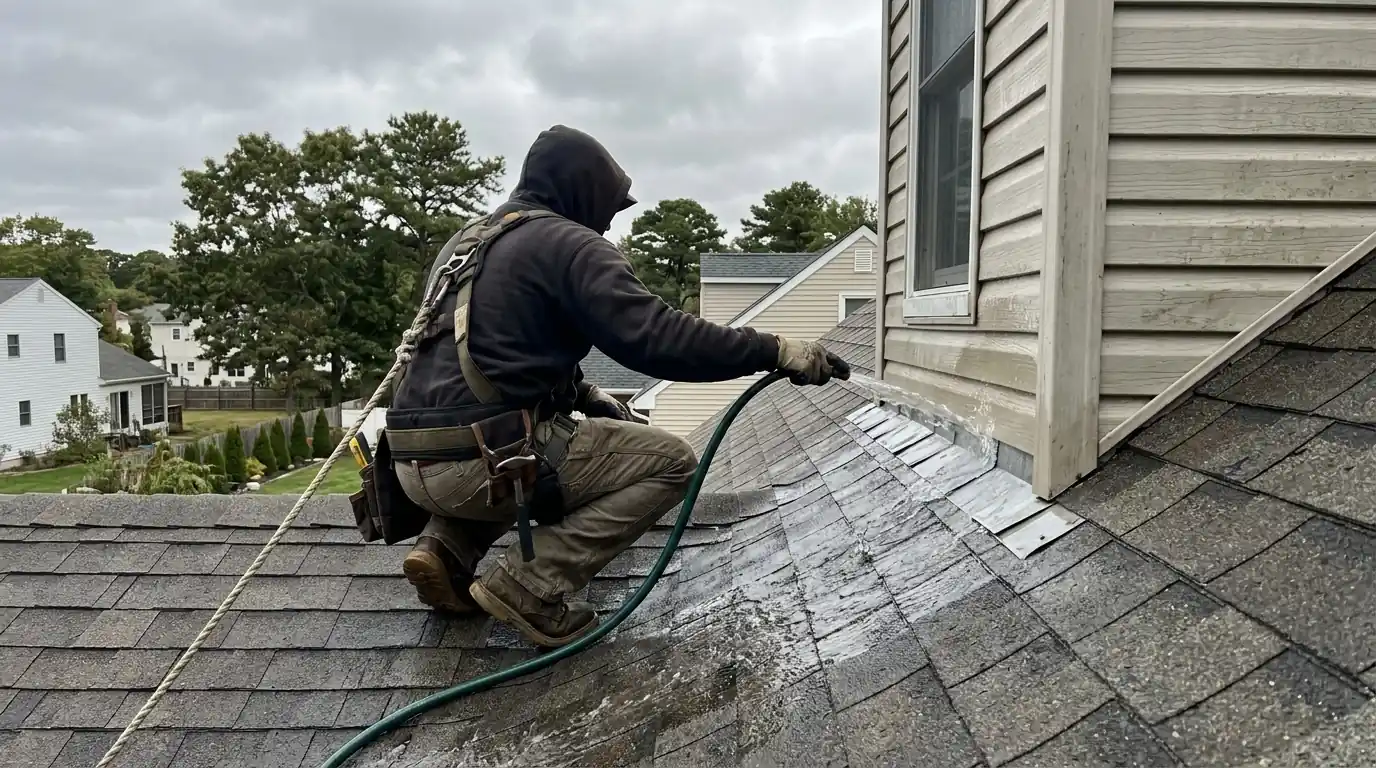 Roofer water testing flashing beside a dormer to locate a leak