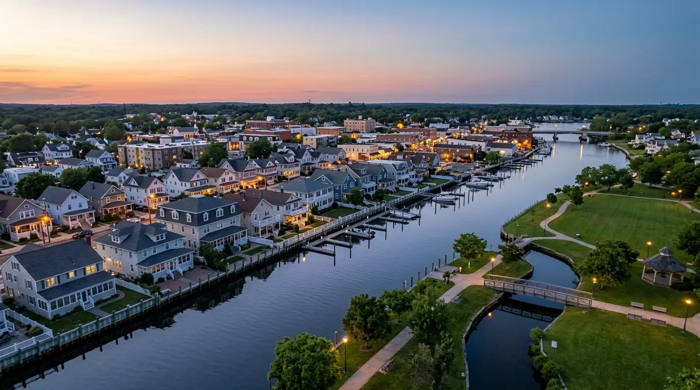Toms River waterfront at dusk near Huddy Park