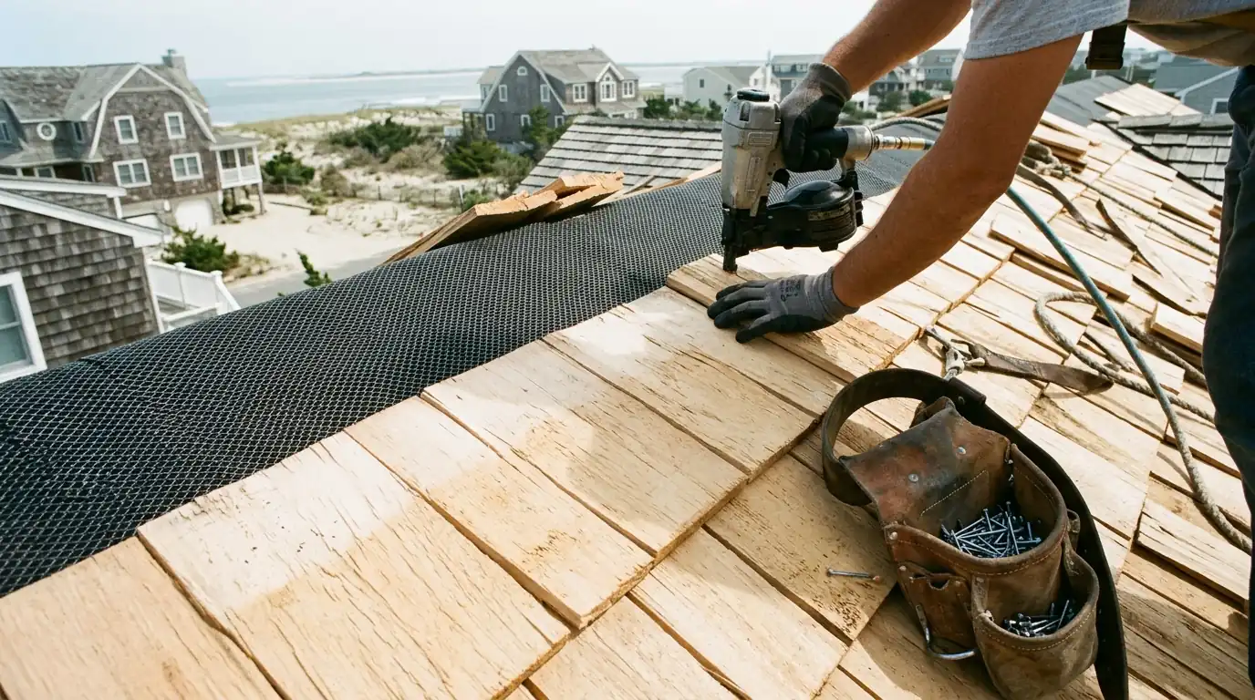 New cedar shakes going on over a breathable mat