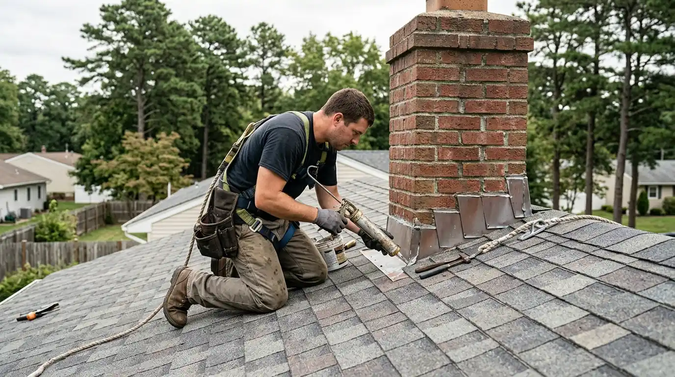 Roofer resealing chimney flashing on a Toms River ranch roof