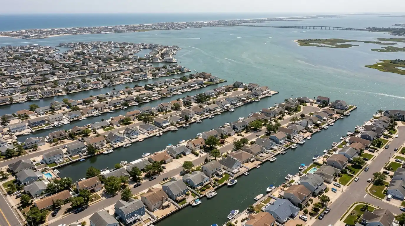 Aerial view of Toms River neighborhoods and Barnegat Bay