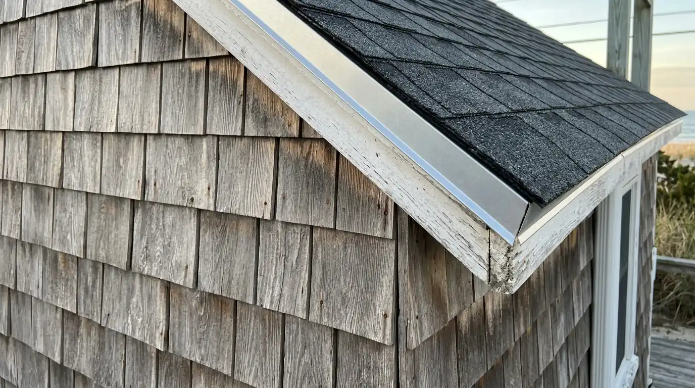 Cedar shingle wall meeting a new roof edge at the Jersey Shore