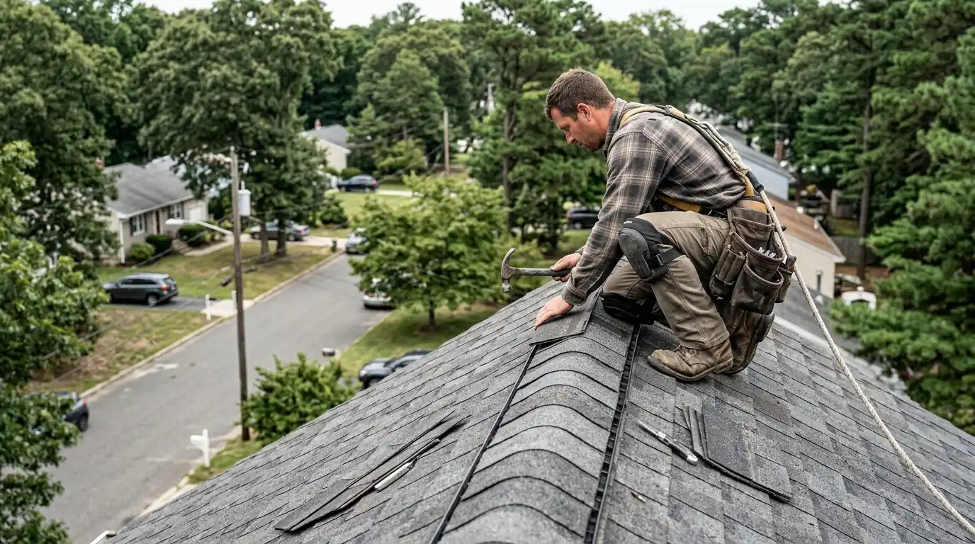Roofer setting ridge cap shingles above a Toms River street