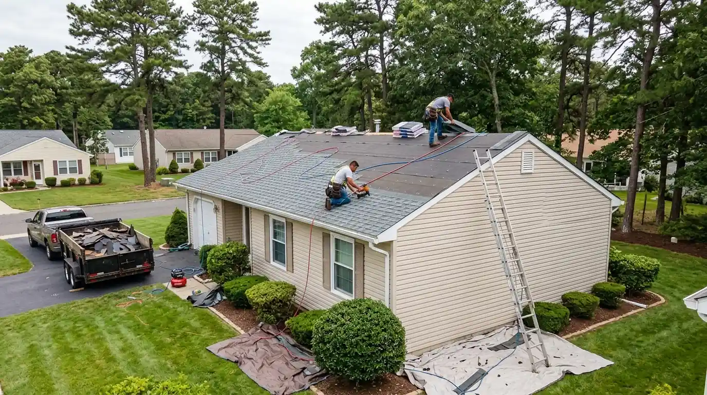 Roofers installing shingles on a ranch home in a 55+ community