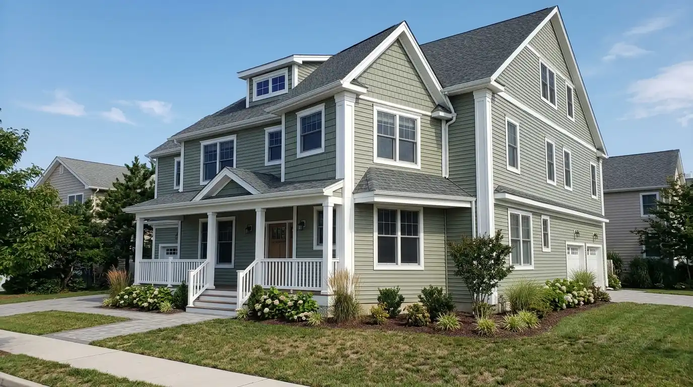 Green vinyl clapboard siding with shake gable accent on a colonial