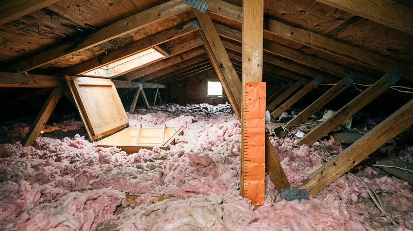 Deep blown fiberglass insulation with a depth marker in an attic