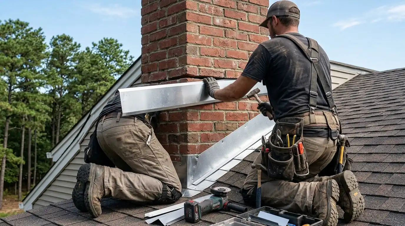 New counter flashing set into a brick chimney on a Toms River cape