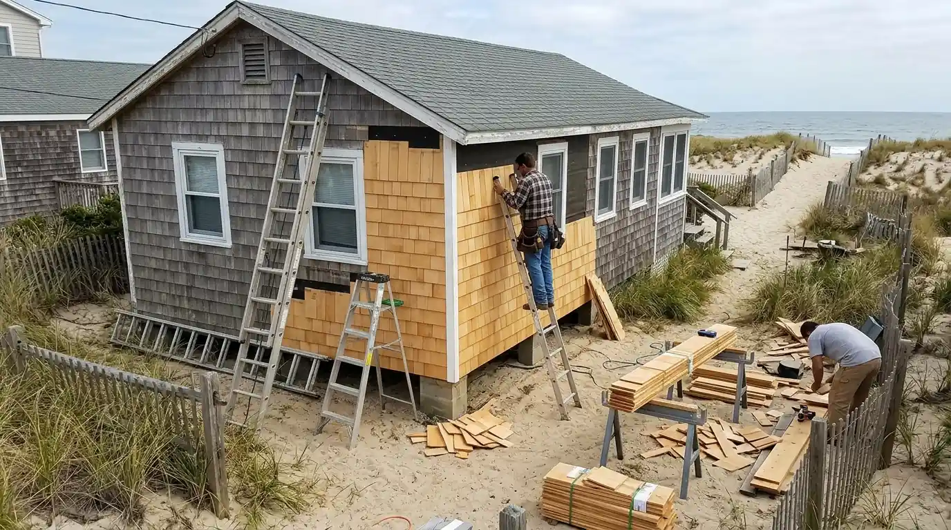 New cedar shingle siding going up on a Seaside Park cottage