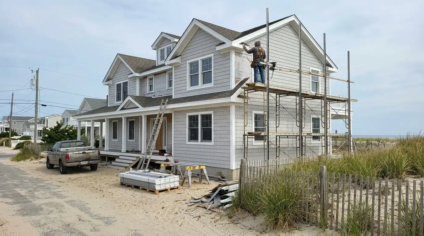 Shore home getting new fiber cement siding and white trim