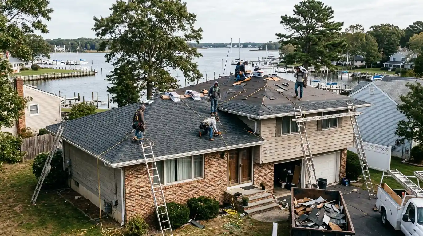 Roofers installing new shingles on a split-level home in Gilford Park