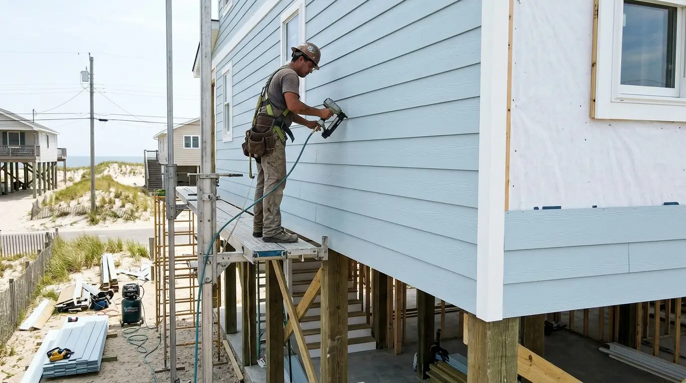 Fiber cement lap siding being installed on a raised beach house