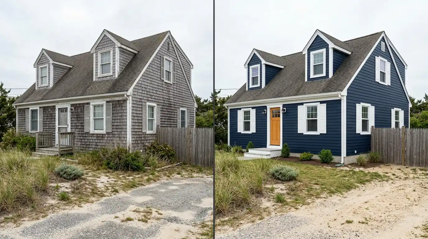 Cape cod home re-sided in navy lap siding with white trim