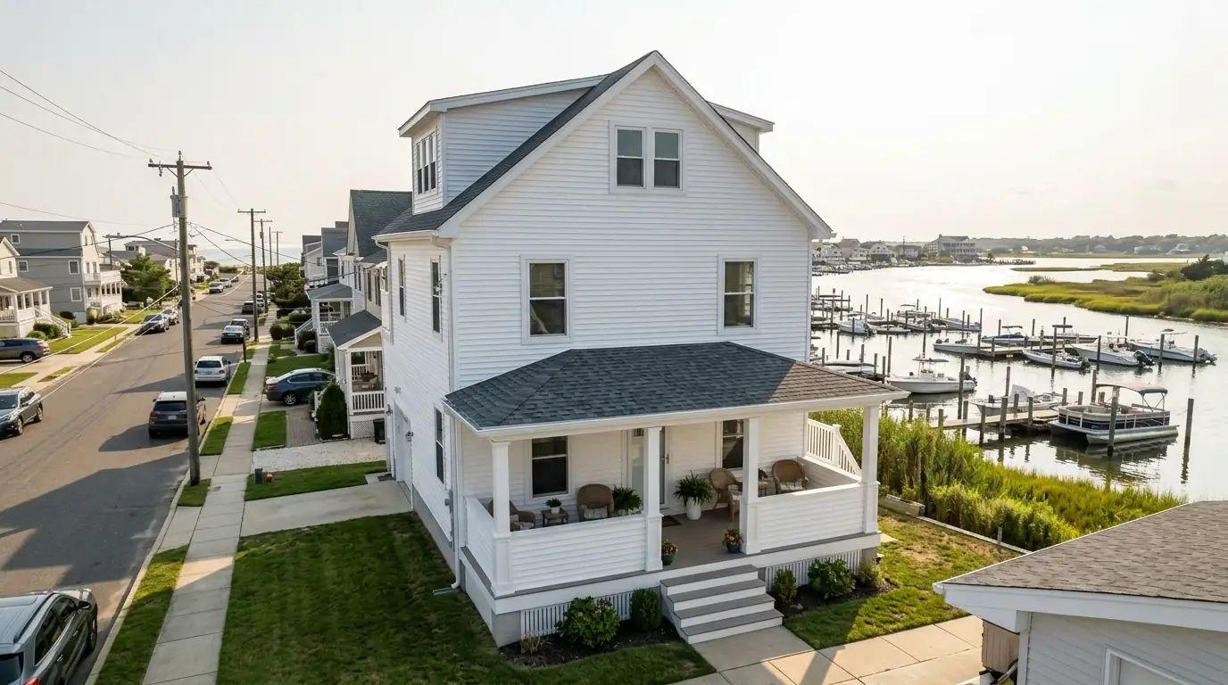 Belmar two-story house with new siding and porch roof