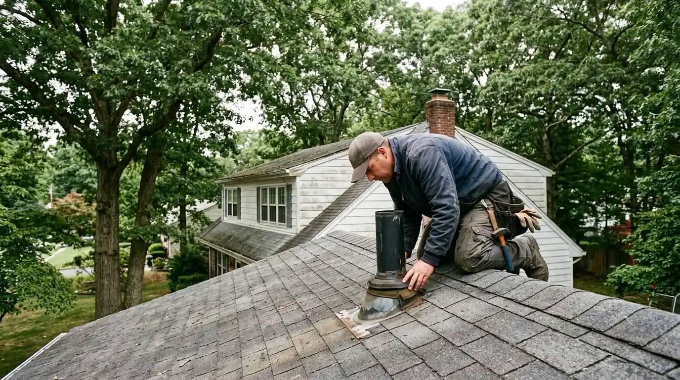 Roofer inspecting shingles on a colonial home in Cedar Grove