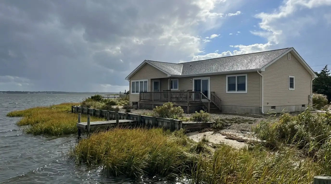 Waretown bayfront ranch with repaired roof and tan siding