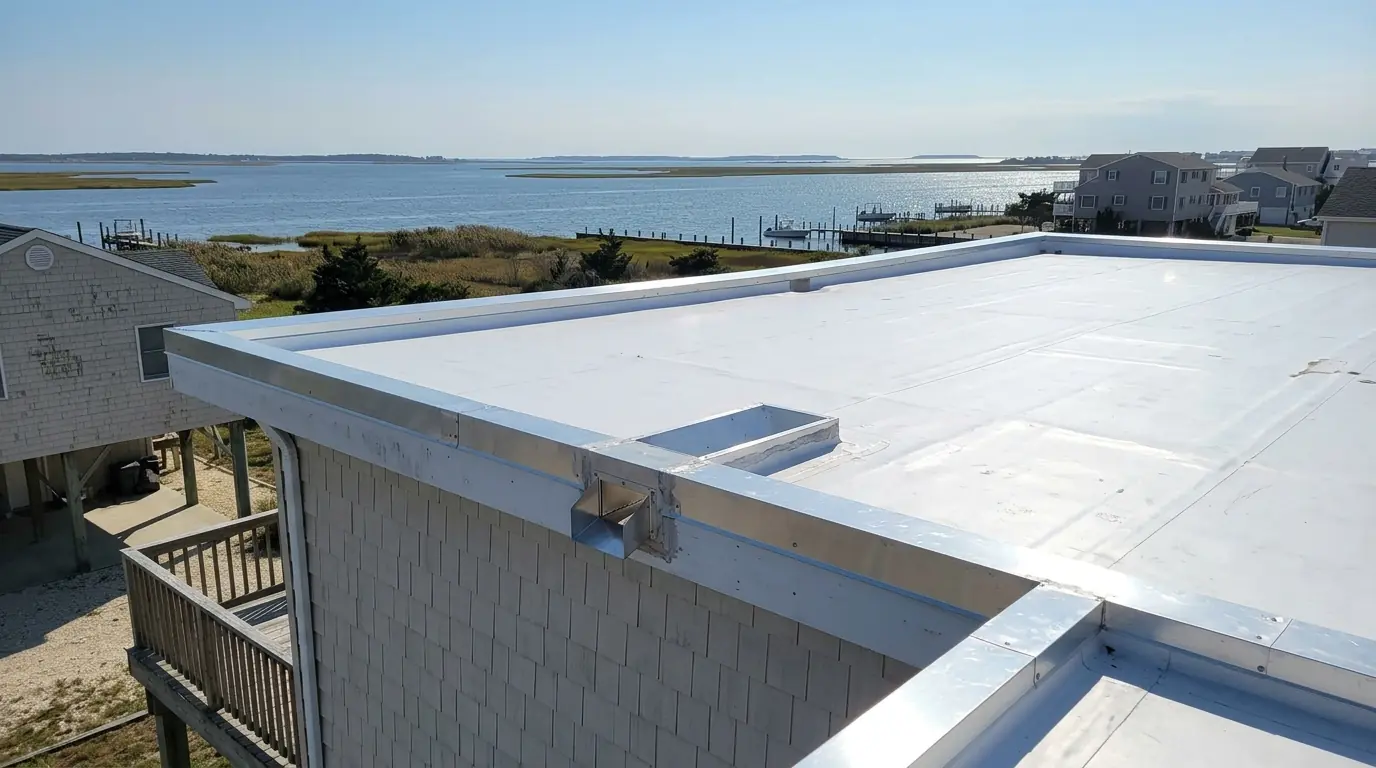 White TPO flat roof with edge metal on a raised shore home