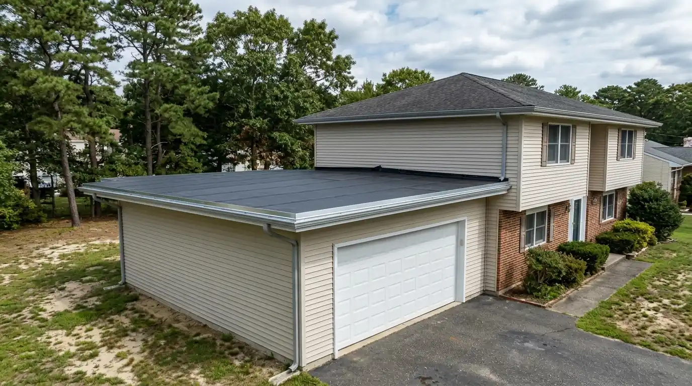 Finished EPDM rubber roof over a garage addition