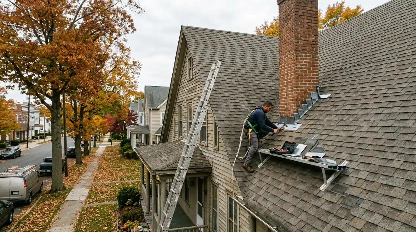 Roofer replacing chimney flashing on an older downtown Toms River home