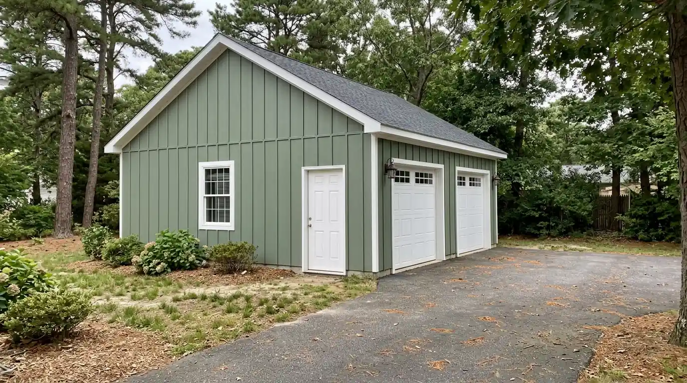 Garage finished in green board and batten engineered wood siding