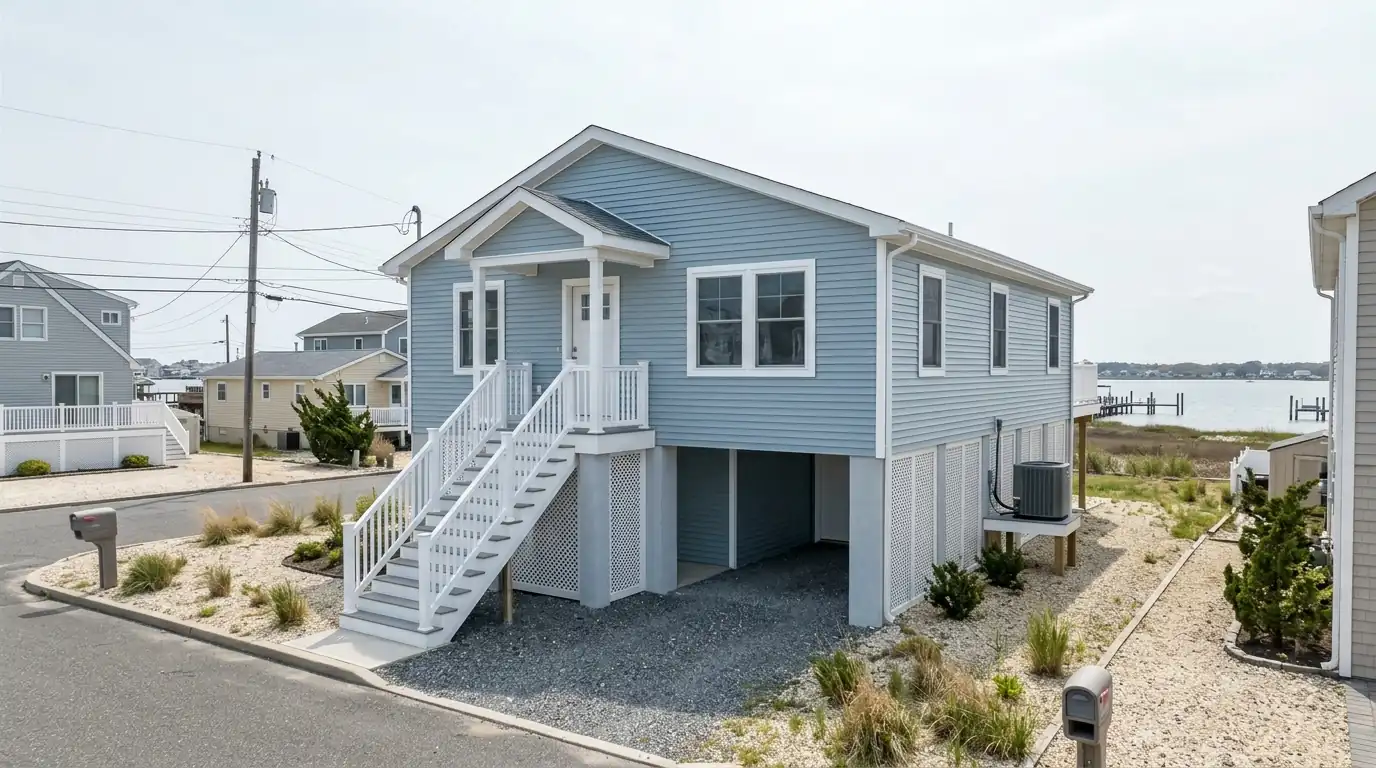 Raised riverside cottage with new pale blue siding in Ocean Gate