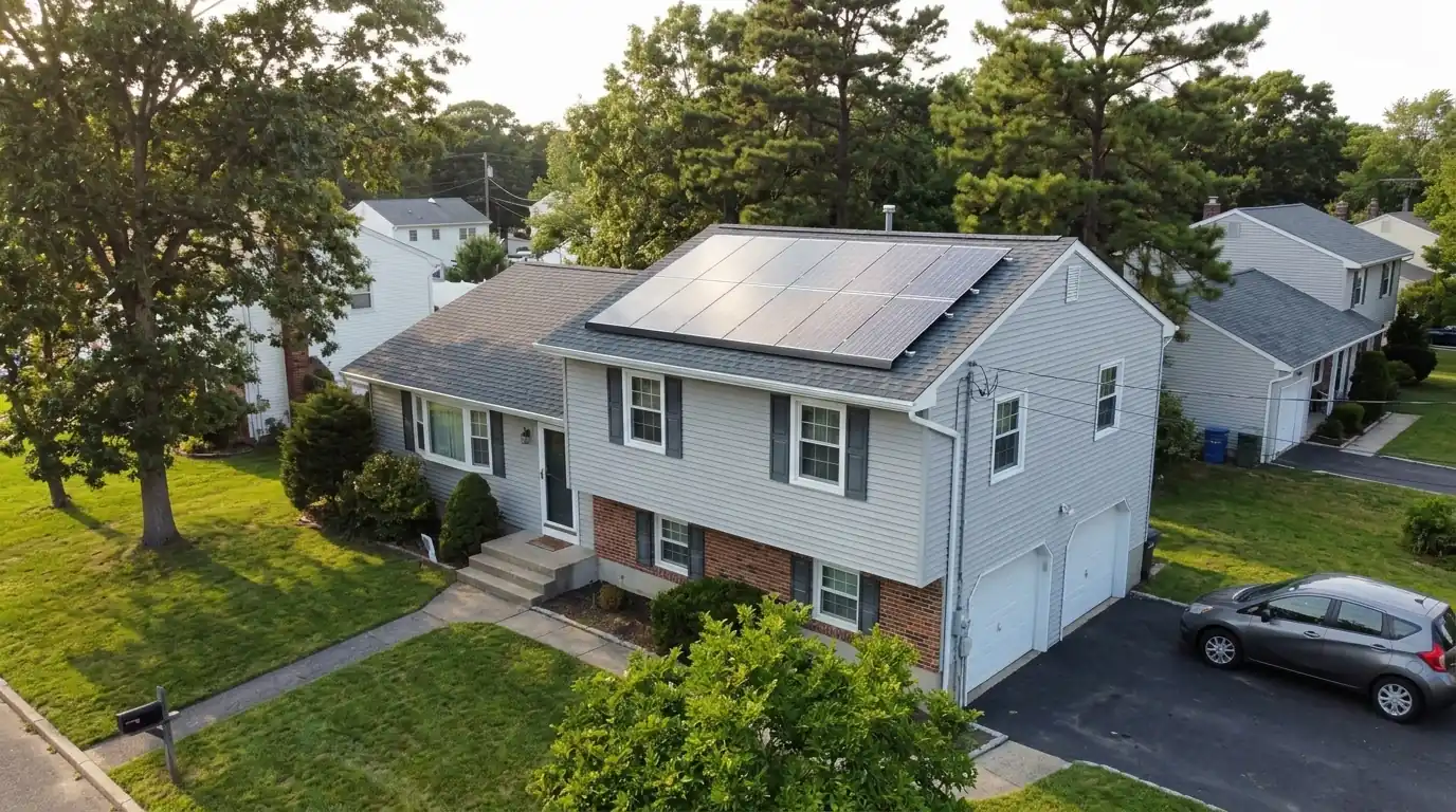 Solar panels remounted on a new gray shingle roof