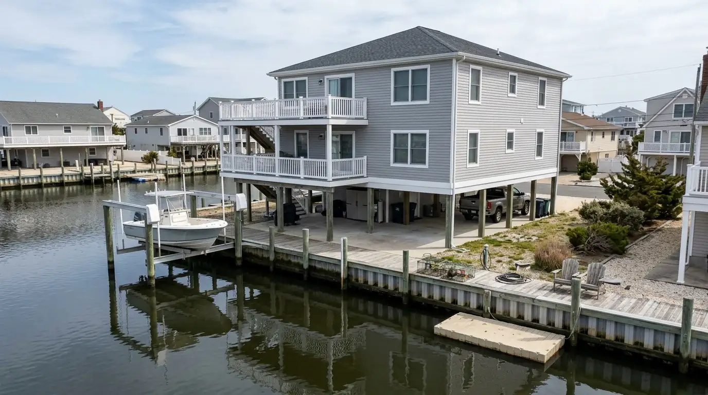 Raised Mystic Island lagoon home with gray siding and new roof