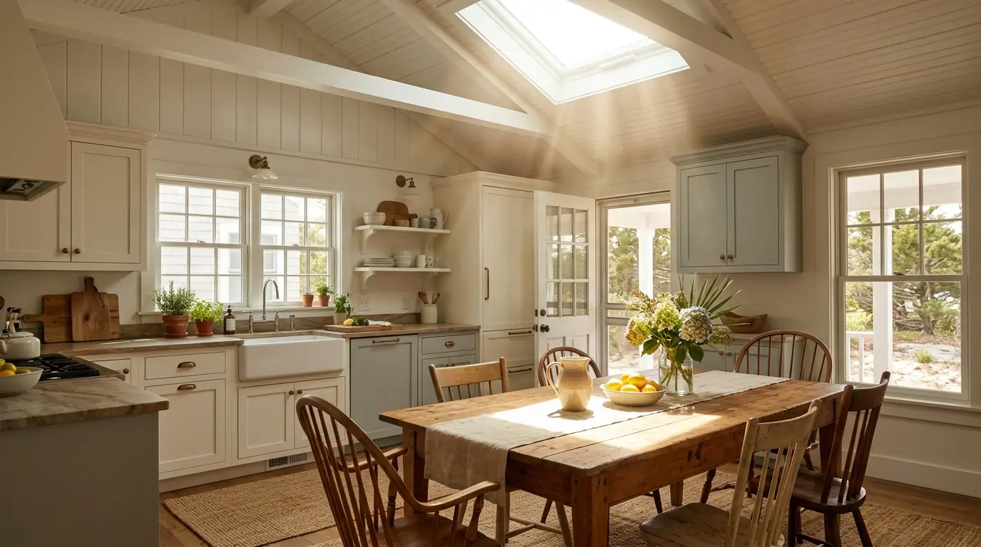 Kitchen lit by a ceiling skylight in a shore home