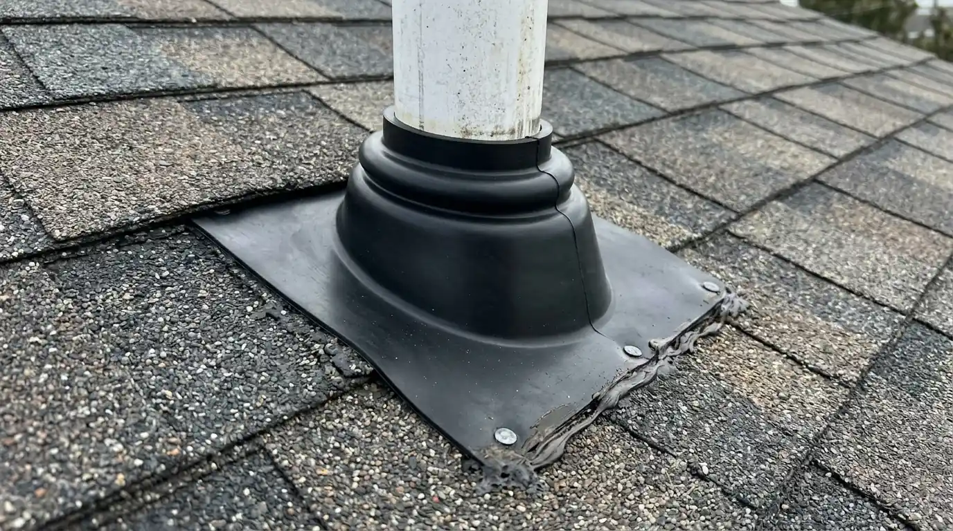 New rubber pipe boot installed on an asphalt shingle roof