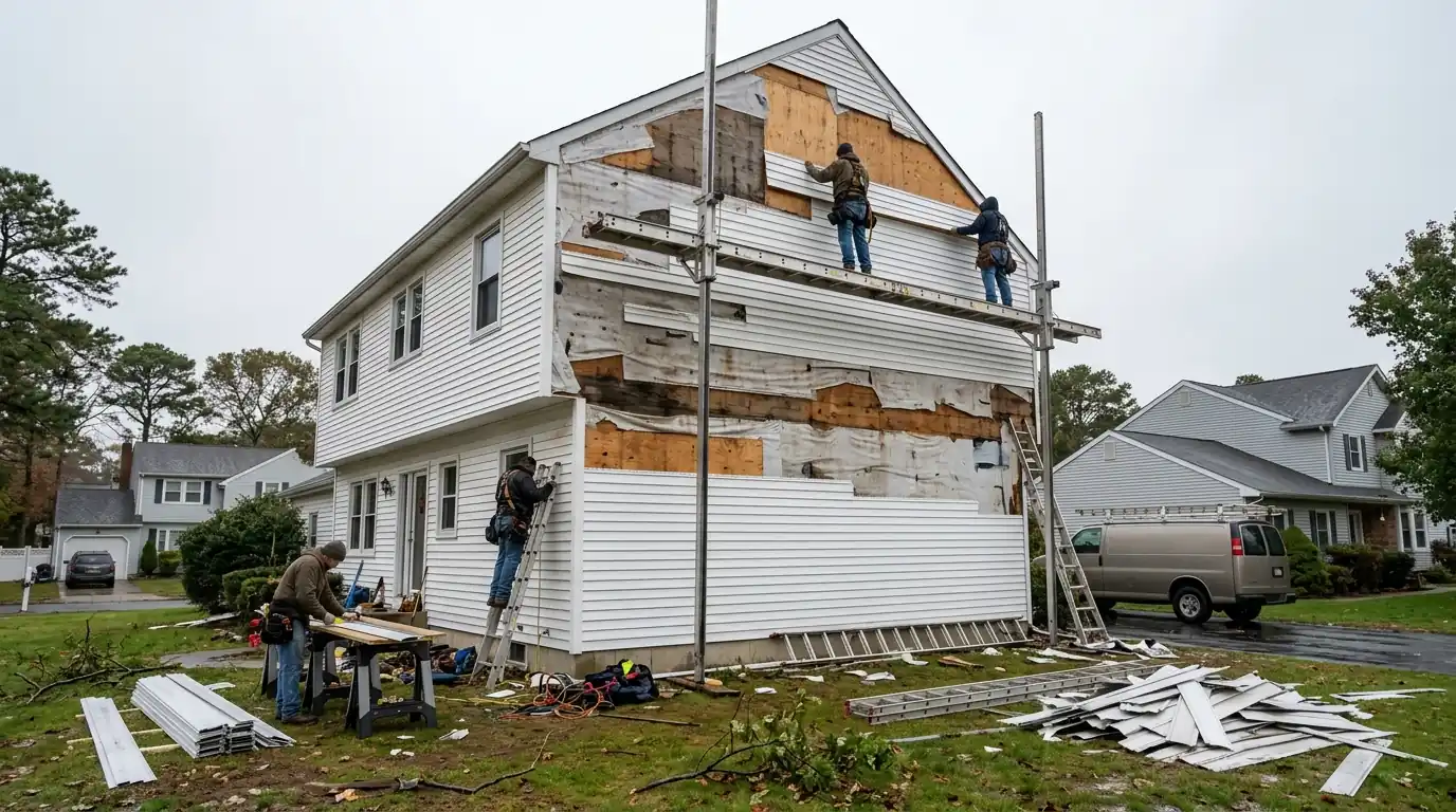Crew replacing wind-torn vinyl siding on a colonial gable