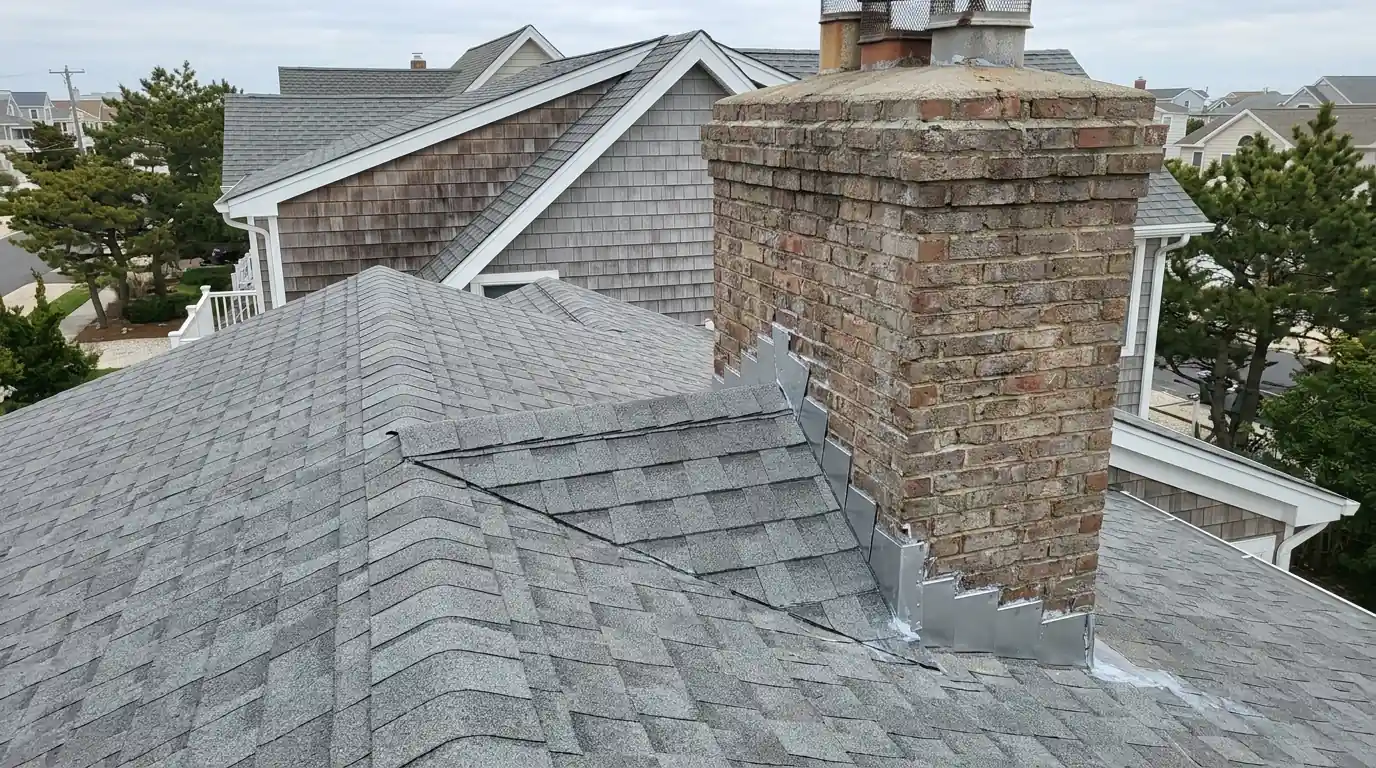 Cricket and step flashing around a brick chimney on a shingle roof