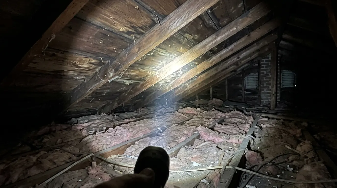 Flashlight lighting attic sheathing and rafters during an inspection