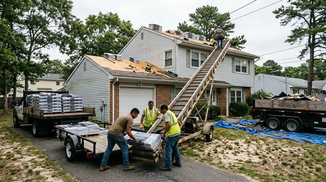 Shingle bundles going up a conveyor to a Toms River roof
