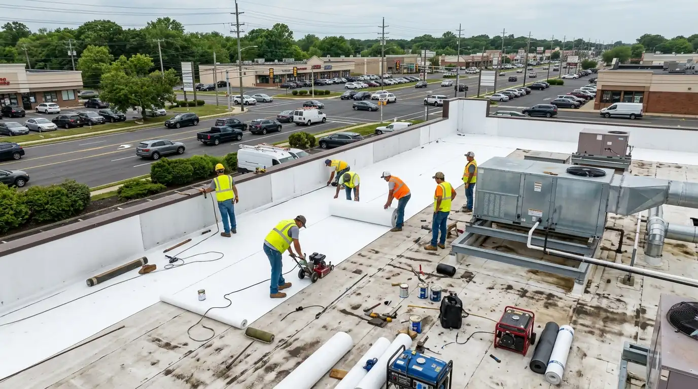 Crew installing white membrane on a strip center flat roof