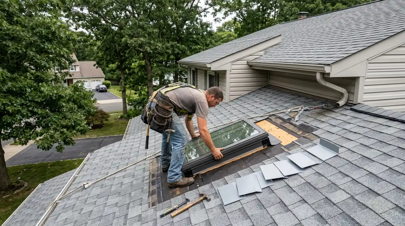 Roofer installing a new skylight on a shingle roof