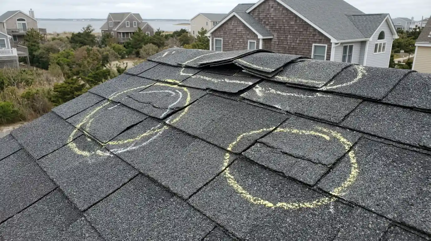 Chalk marks on wind-creased shingles and a lifted ridge cap