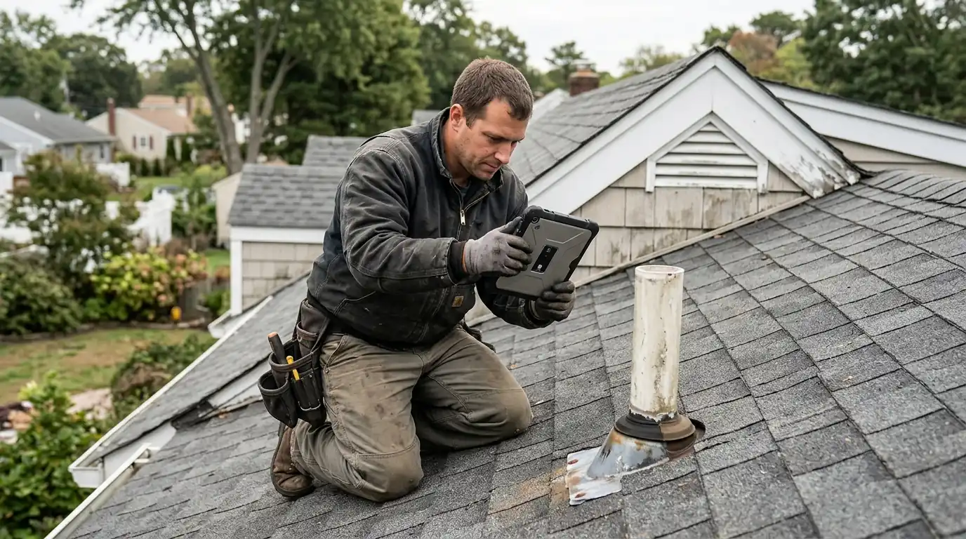 Roofer photographing a vent pipe boot during a roof inspection