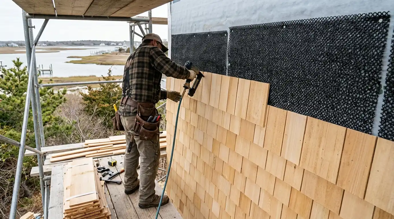 New cedar shingles being nailed onto a Toms River cottage wall