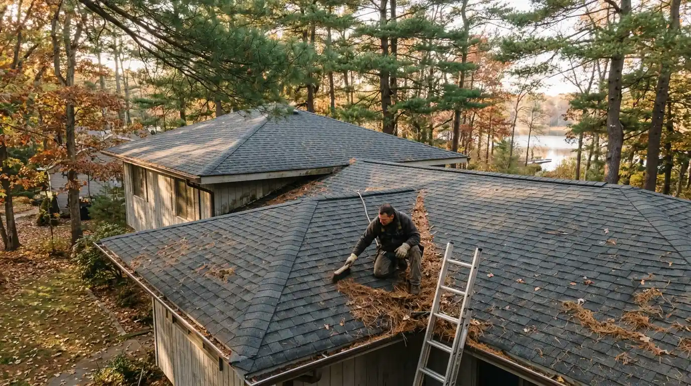 Roofer clearing pine needles from a valley on a Lakewood home