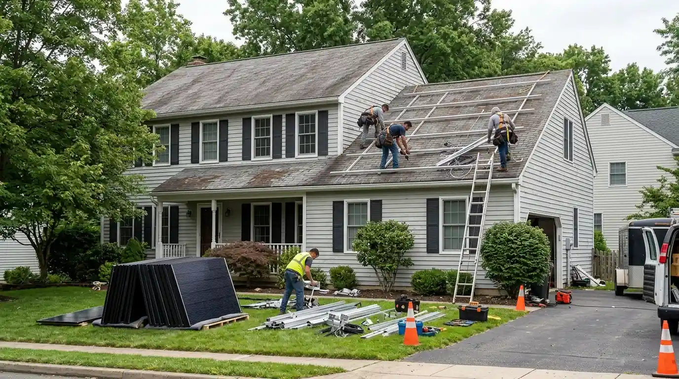 Solar panels being removed from an older roof before a reroof