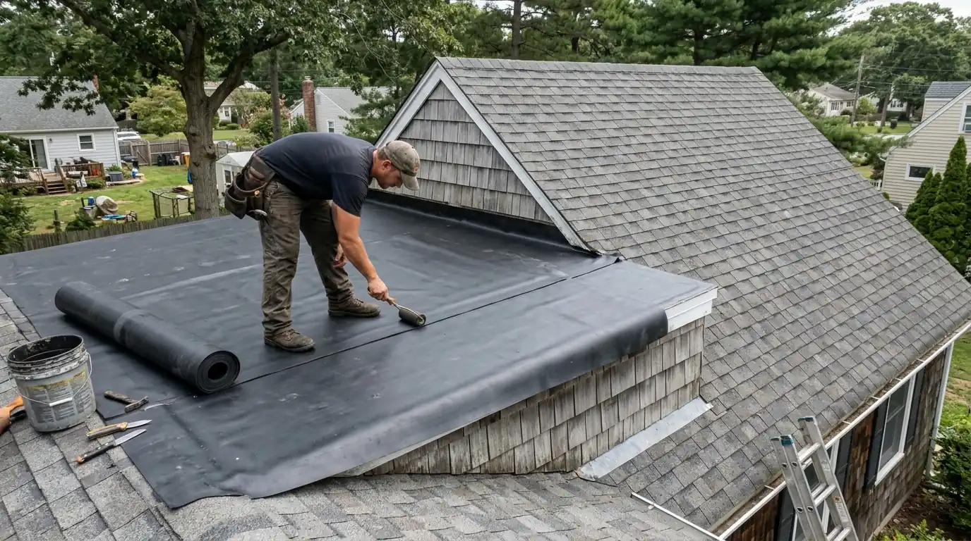 Black EPDM rubber membrane installed on a cape shed dormer