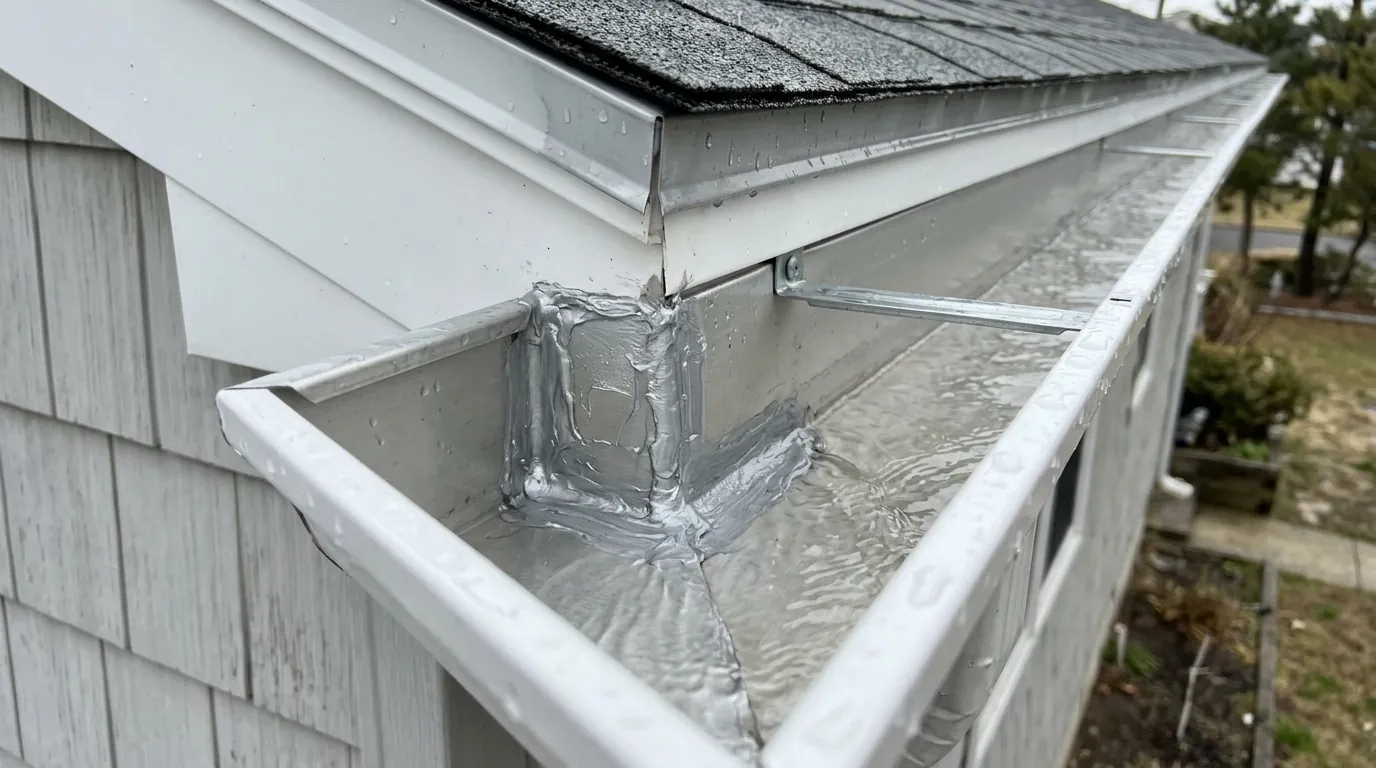Resealed gutter corner with hidden hanger on white fascia board