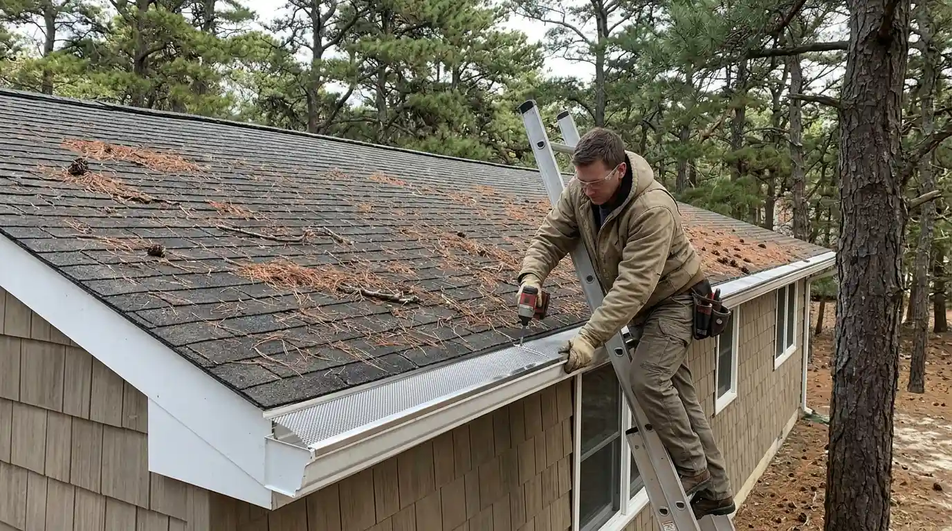 Micro-mesh gutter guards being installed beneath pitch pines
