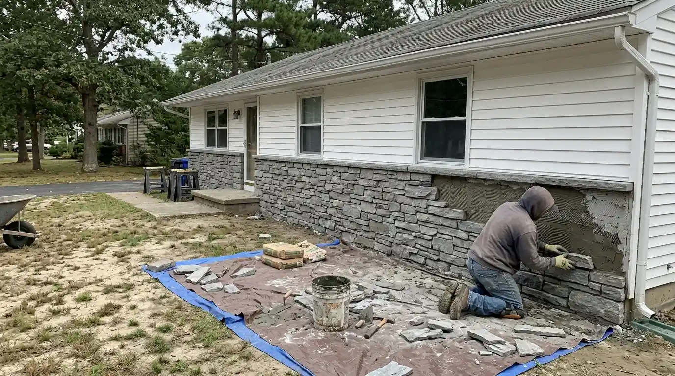 Ledgestone veneer wainscot installed on the front of a Toms River ranch