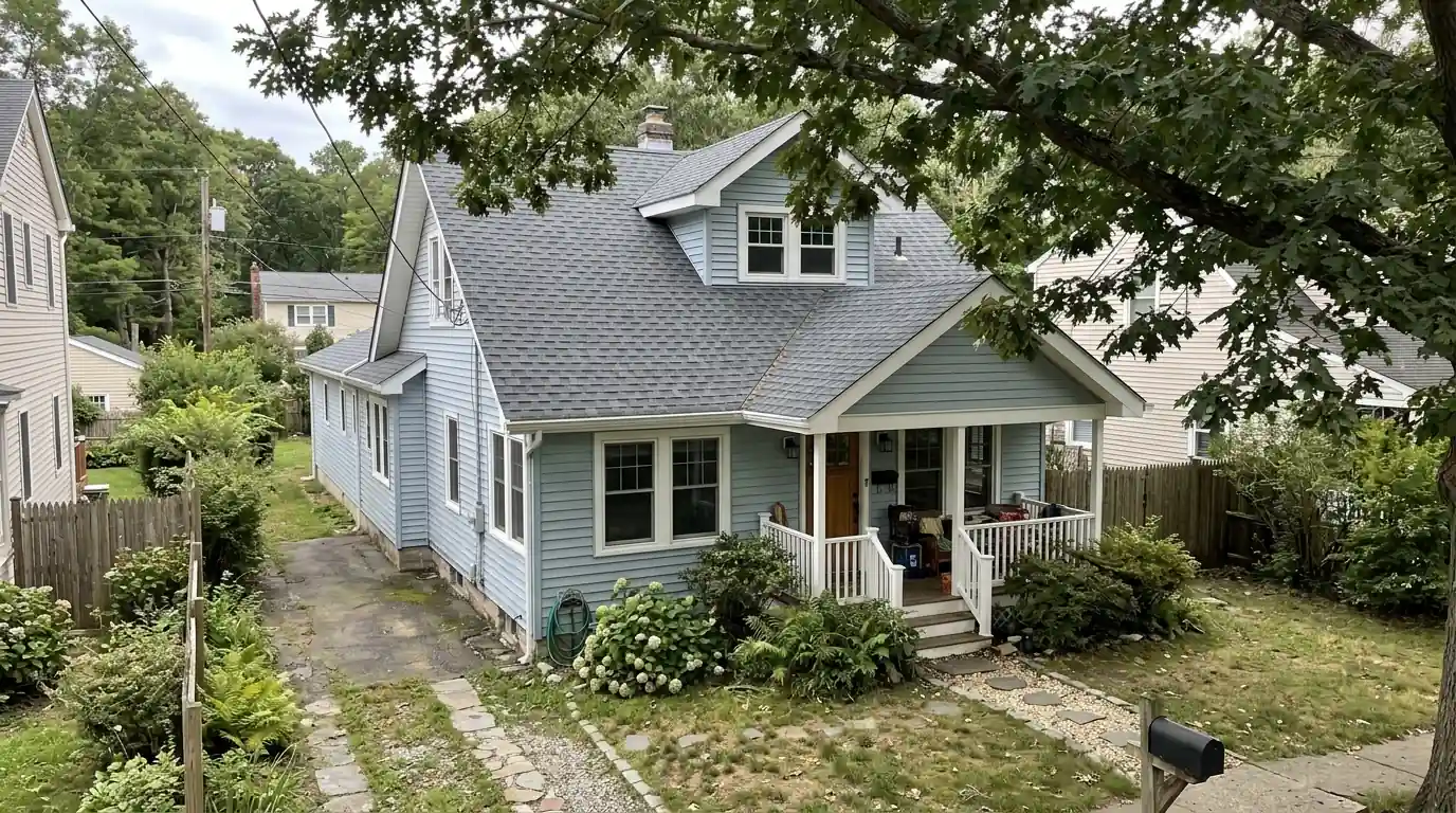 Expanded Beachwood cottage with new roof and blue siding