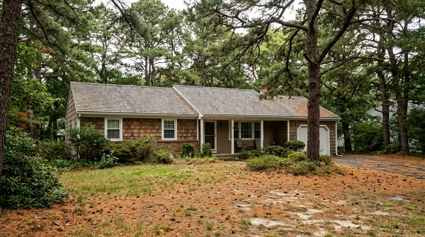 Ranch home with new shingle roof under tall pines in Pleasant Plains
